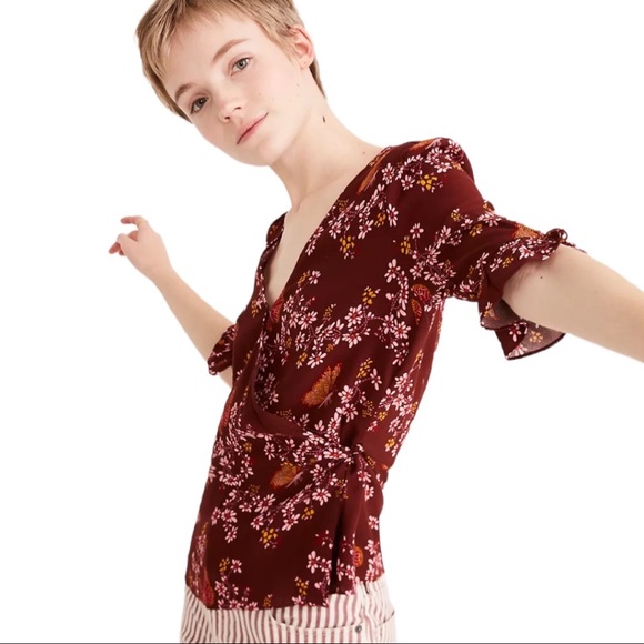 Madewell Tie-Sleeve Brick Red Wrap Top in Butterfly Sanctuary with Tie Sleeves - Picture 16 of 16